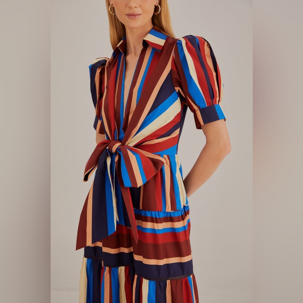 Farm Rio Multicolor Winter Stripes Short Sleeve Midi Dress - Picture 2 of 5